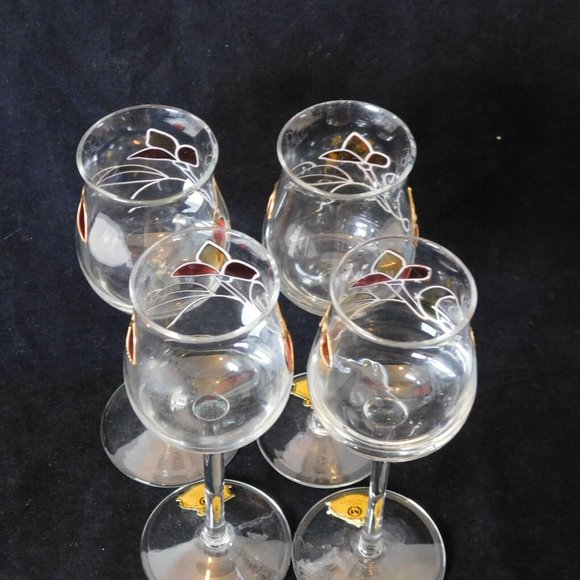 Crystal Cordial Sherry Apertif Stemmed Glasses Stained Glass Look Leaf Motif Set - Picture 7 of 8